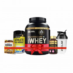 Dream Body Combo-ON Gold Standard Whey Protein - 2.5 kg Double rich chocolate | Zeelab Athlete Pre Workout - 40 servings Blueberry |  Zeelab Omega 3 Fish Oil - 60 capsules |  Hero Protein Bar - 6 pcs with 10 gm Protein each |  Zeelab Shaker.