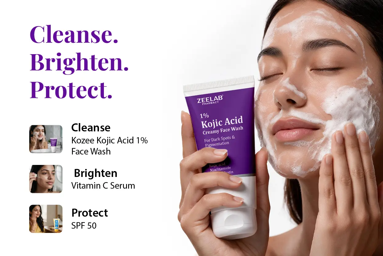 kozee kojic acid 1% creamy face wash for cleansing and dark spot care