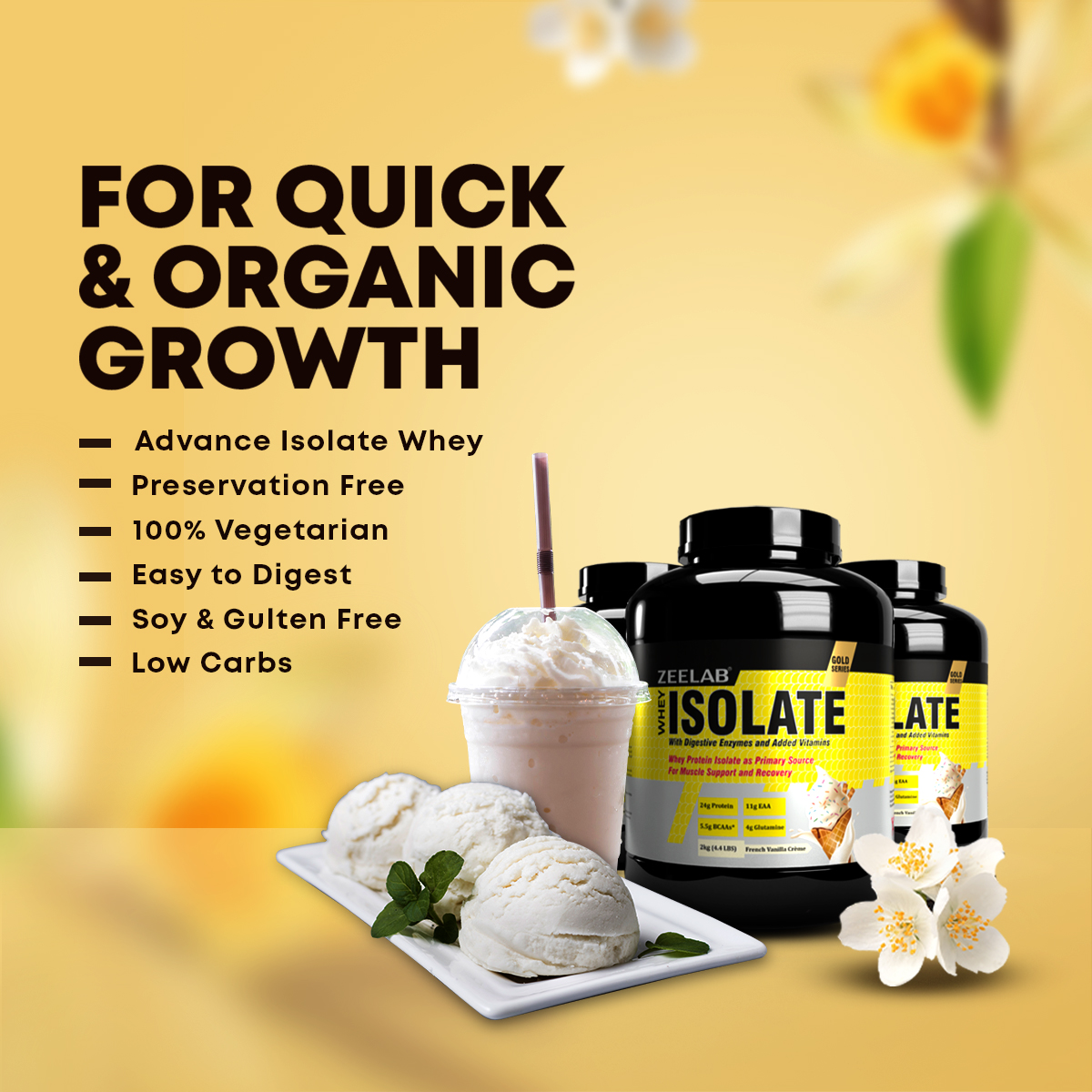 ZEELAB Whey Protein Isolate Powder French Vanilla Creme