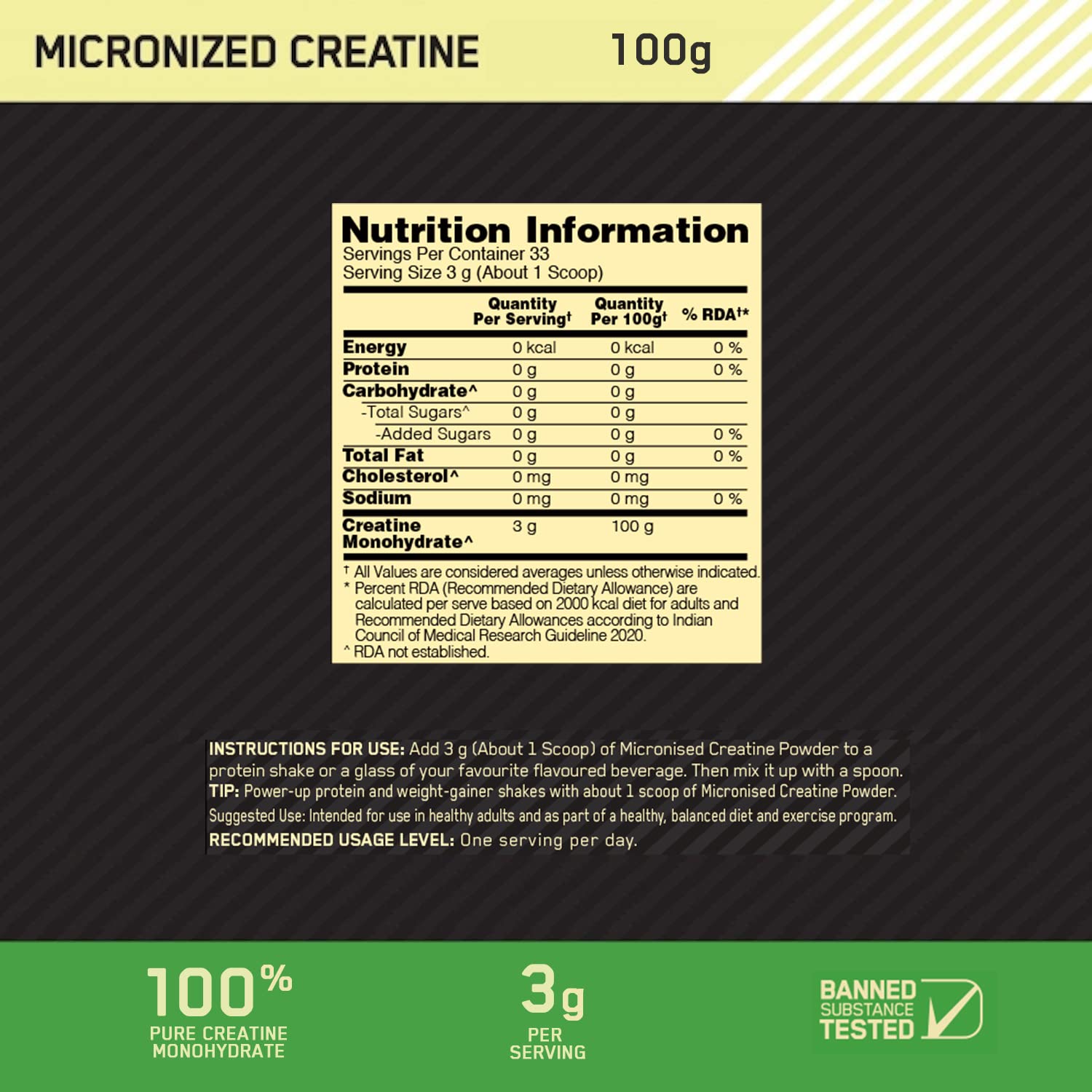 Optimum Nutrition (ON) Micronized Creatine Powder 100 gm