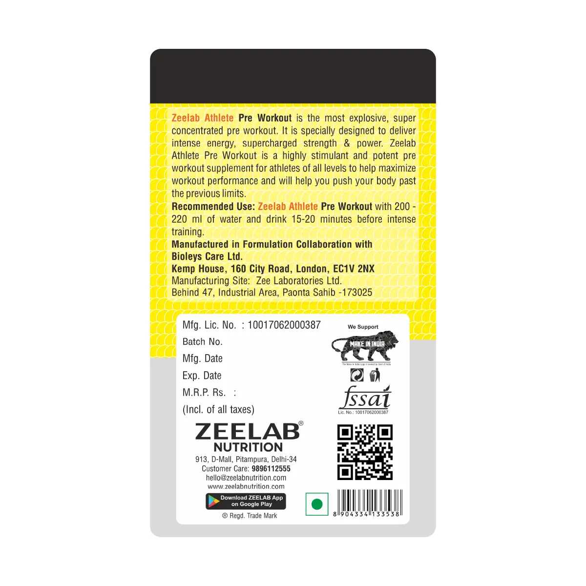 Zeelab Athlete Pre Workout Tangy Orange - 360g