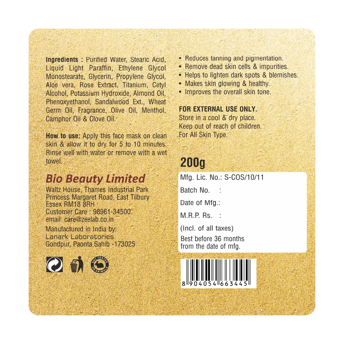 Bio Beauty De-Tan Face Pack | Tan Removal