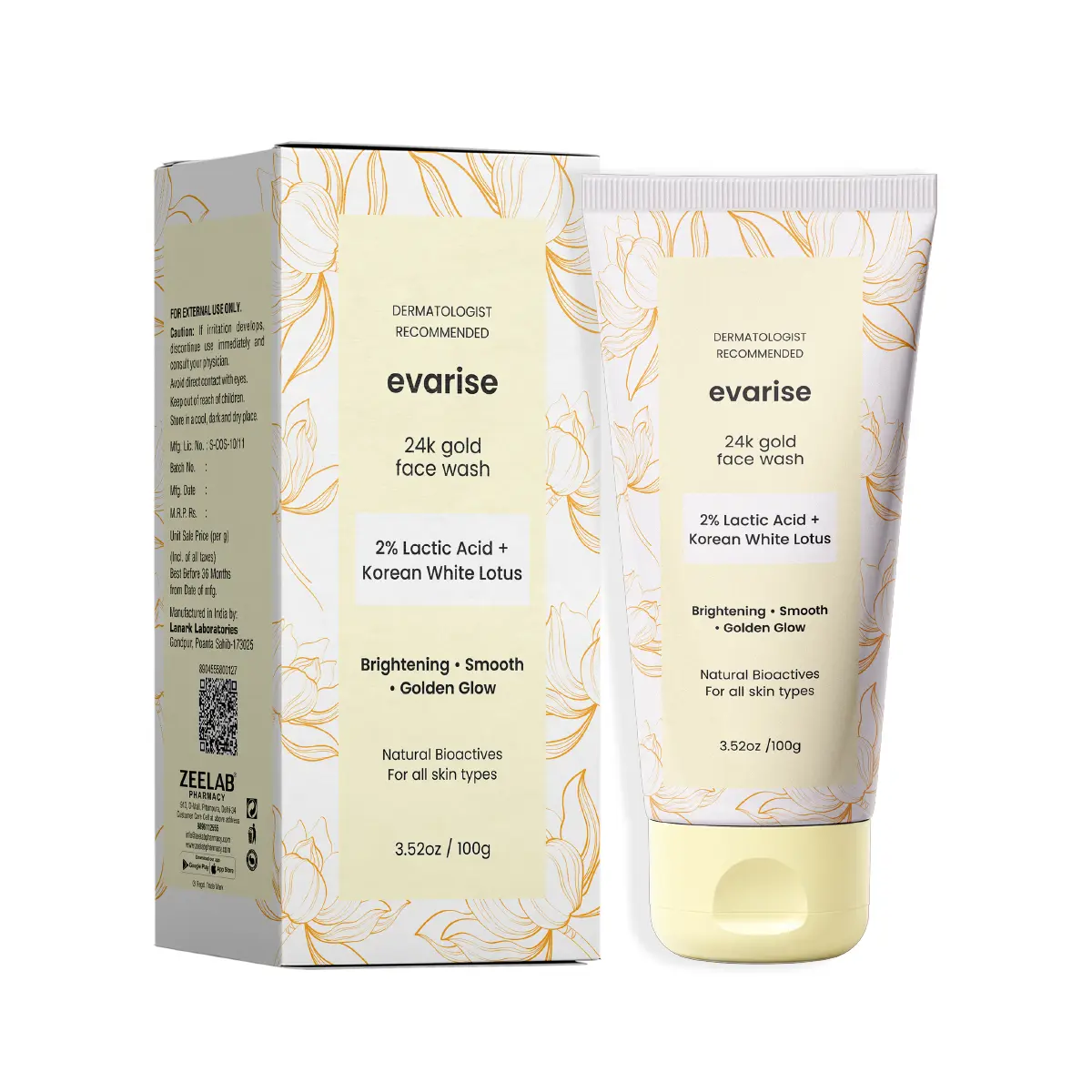 Evarise 24K Gold Face Wash 100gm | 2% Lactic Acid + Korean White Lotus Hydrating Face Wash