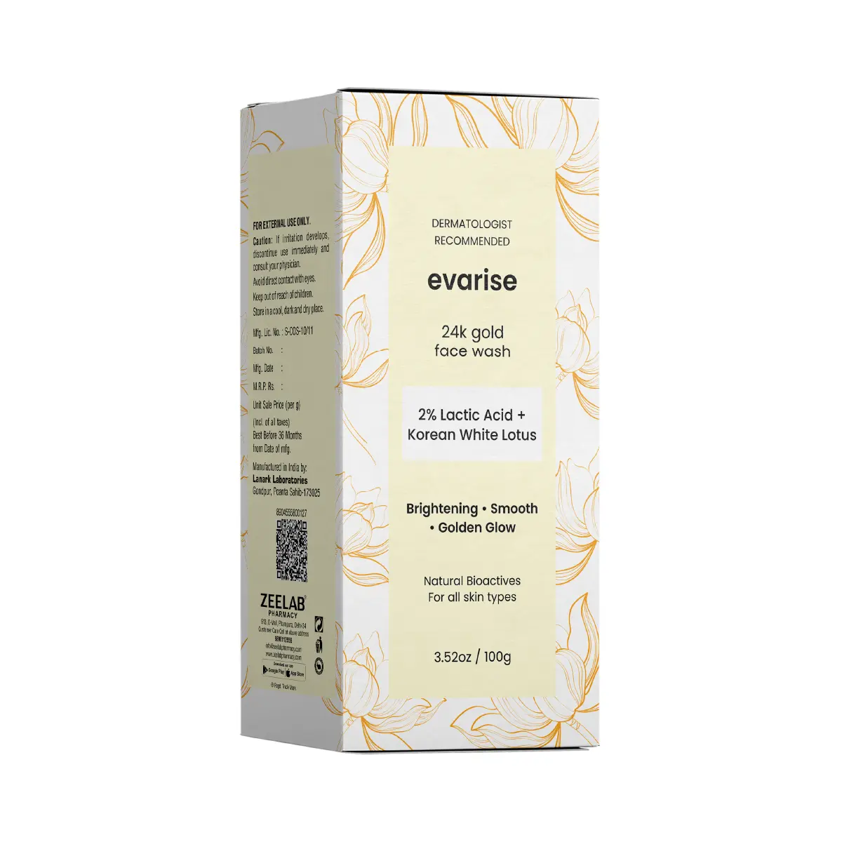 Evarise 24K Gold Gel Face Wash 100gm | 2% Lactic Acid + Korean White Lotus Hydrating Face Wash