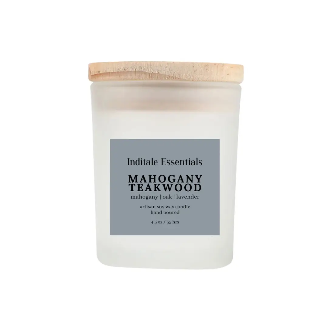 Frosted Jar Candle With Lid &ndash; Oak & Lavender (Mahogany Teakwood) | Oak + Lavender Scented Candle | Woody Floral Home Fragrance Candle