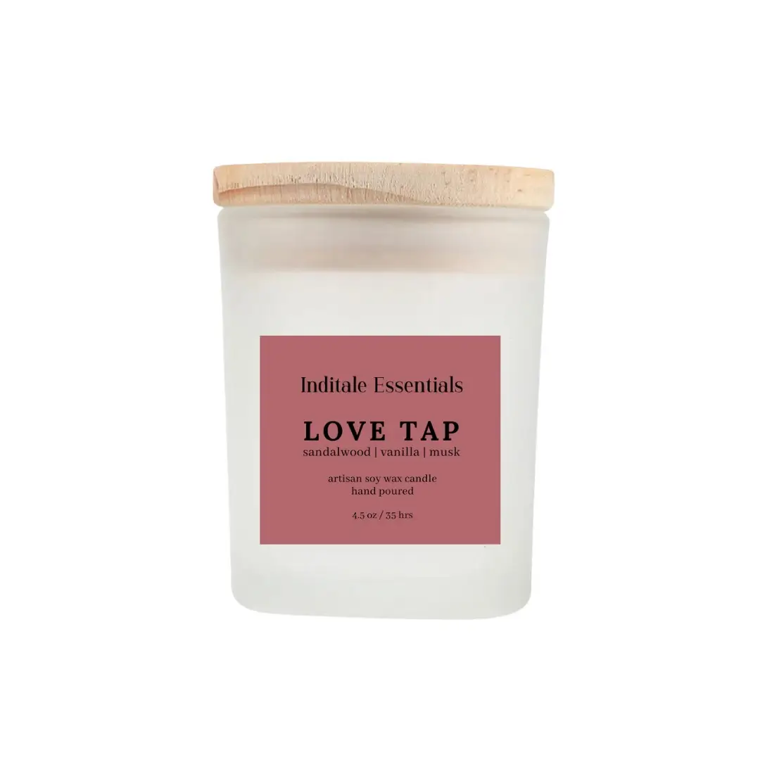 Frosted Jar Candle With Lid &ndash; Sandalwood, Vanilla & Musk (Love Tap) | Sandalwood + Vanilla + Musk Scented Candle | Luxury Home Fragrance Candle