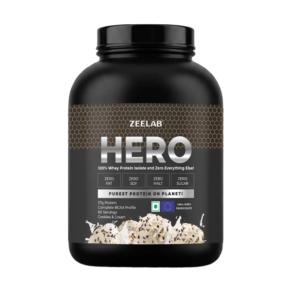 ZEELAB HERO 100% Whey Protein Isolate - Cookies & Cream | 1.81 kg (4 lb) | 60 Servings