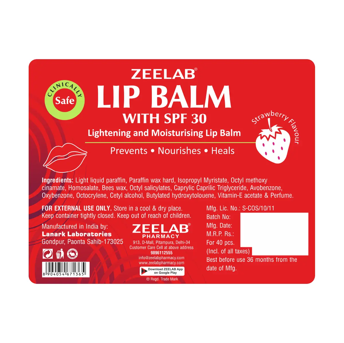 Zeelab Lip Balm With SPF 30 - Strawberry Flavour