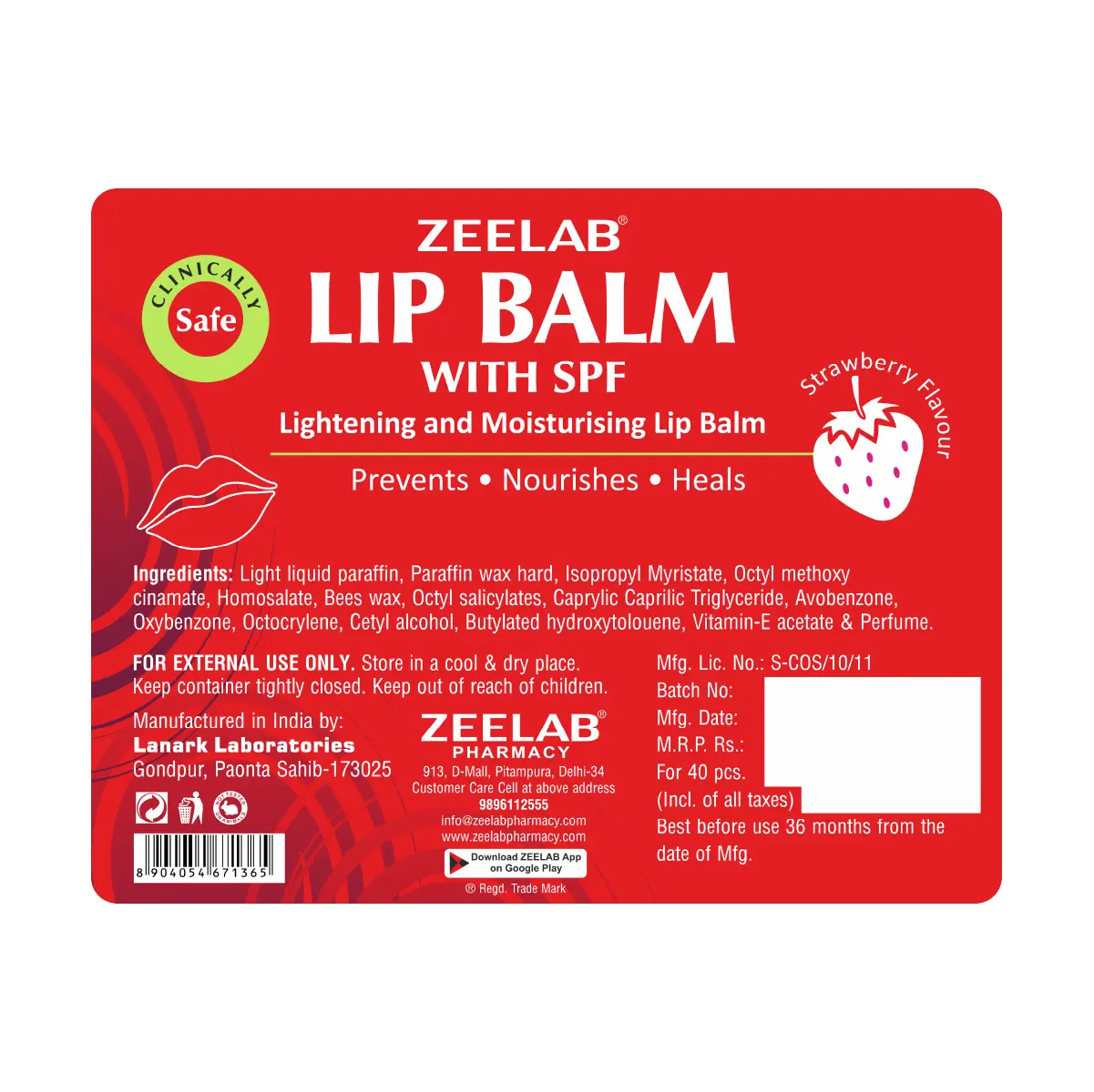 Lip Balm With SPF - Strawberry Flavour