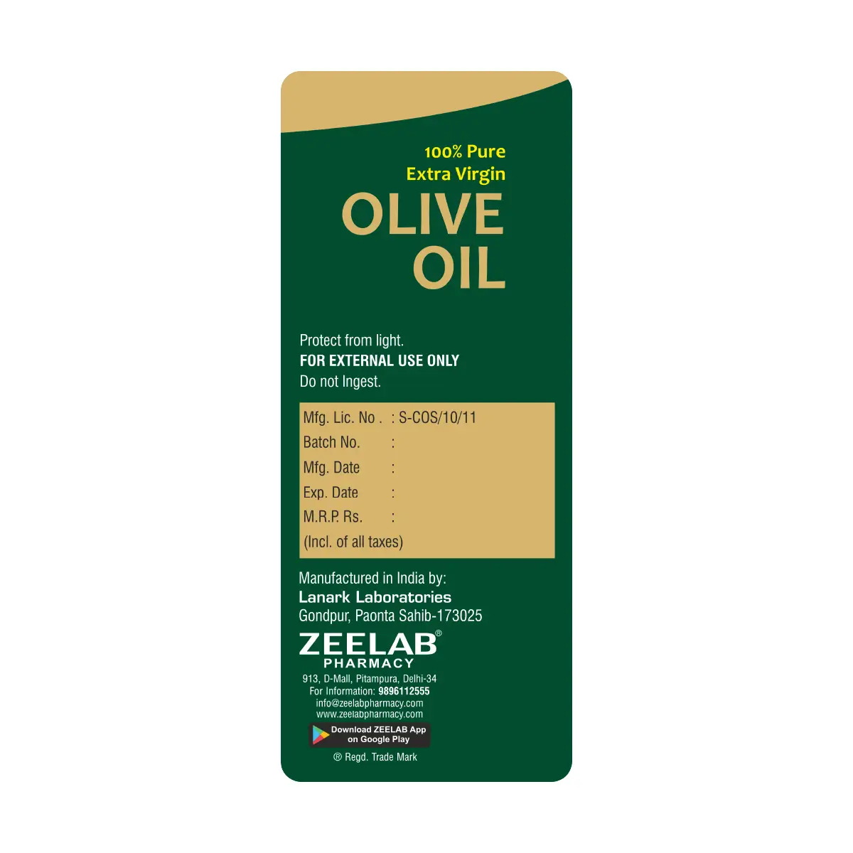 Zeelab 100% Pure Extra Virgin Olive Oil