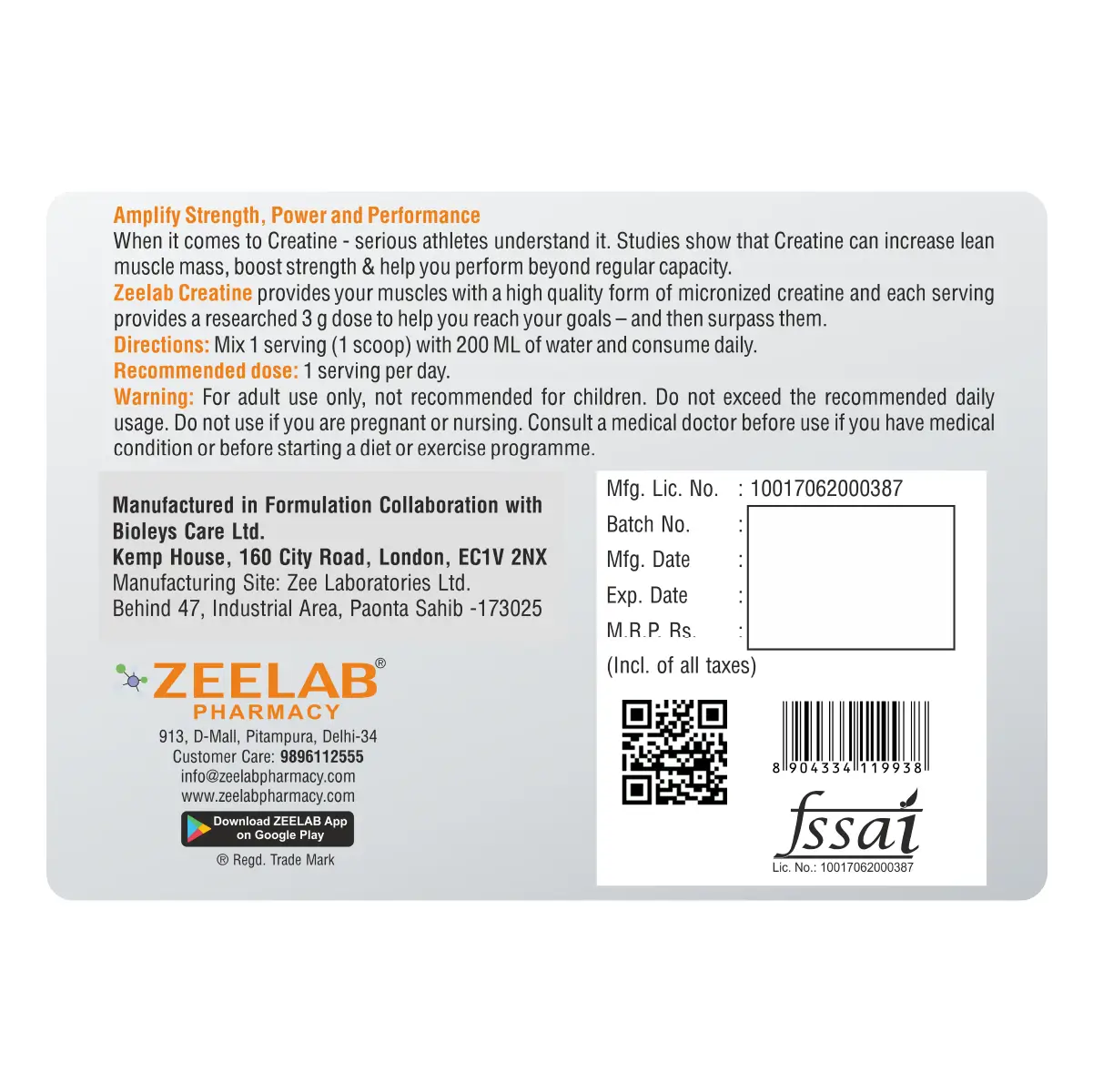 Zeelab100% Creatine Monohydrate Powder