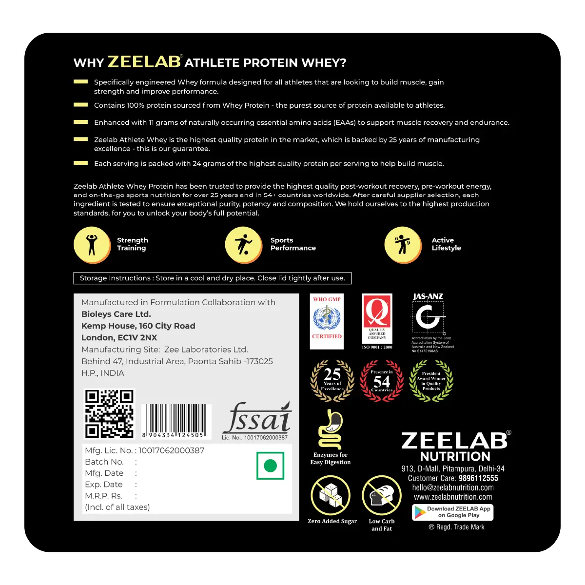 Zeelab Athlete 100% Whey Protein 2 kg (4.4 lb) Banana Shake