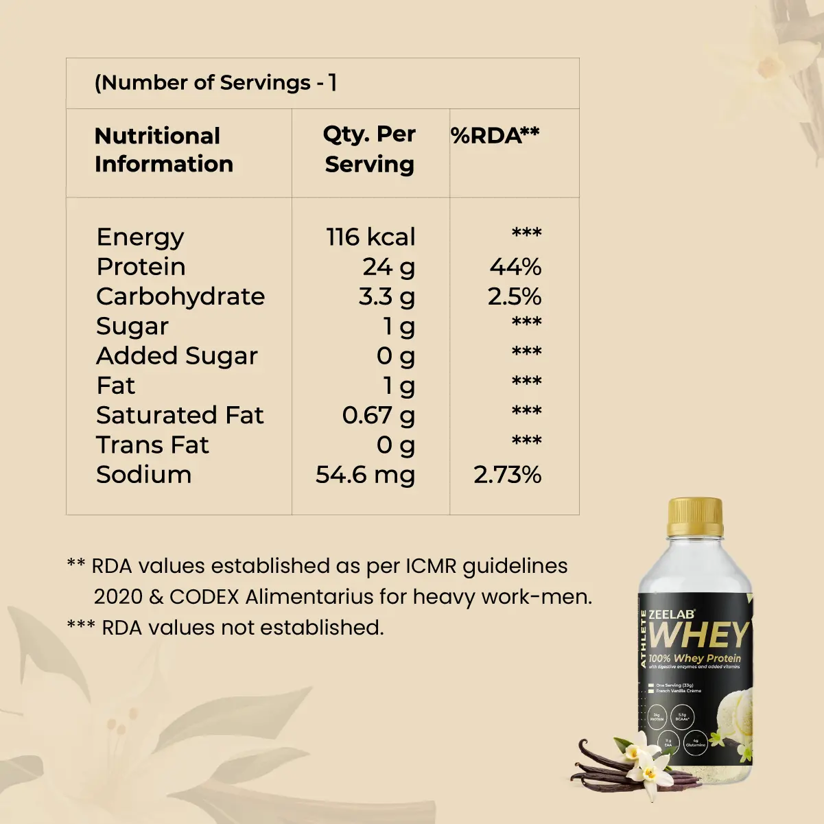 ZEELAB Athlete Whey 100% Powder 33gm - French Vanilla Creme