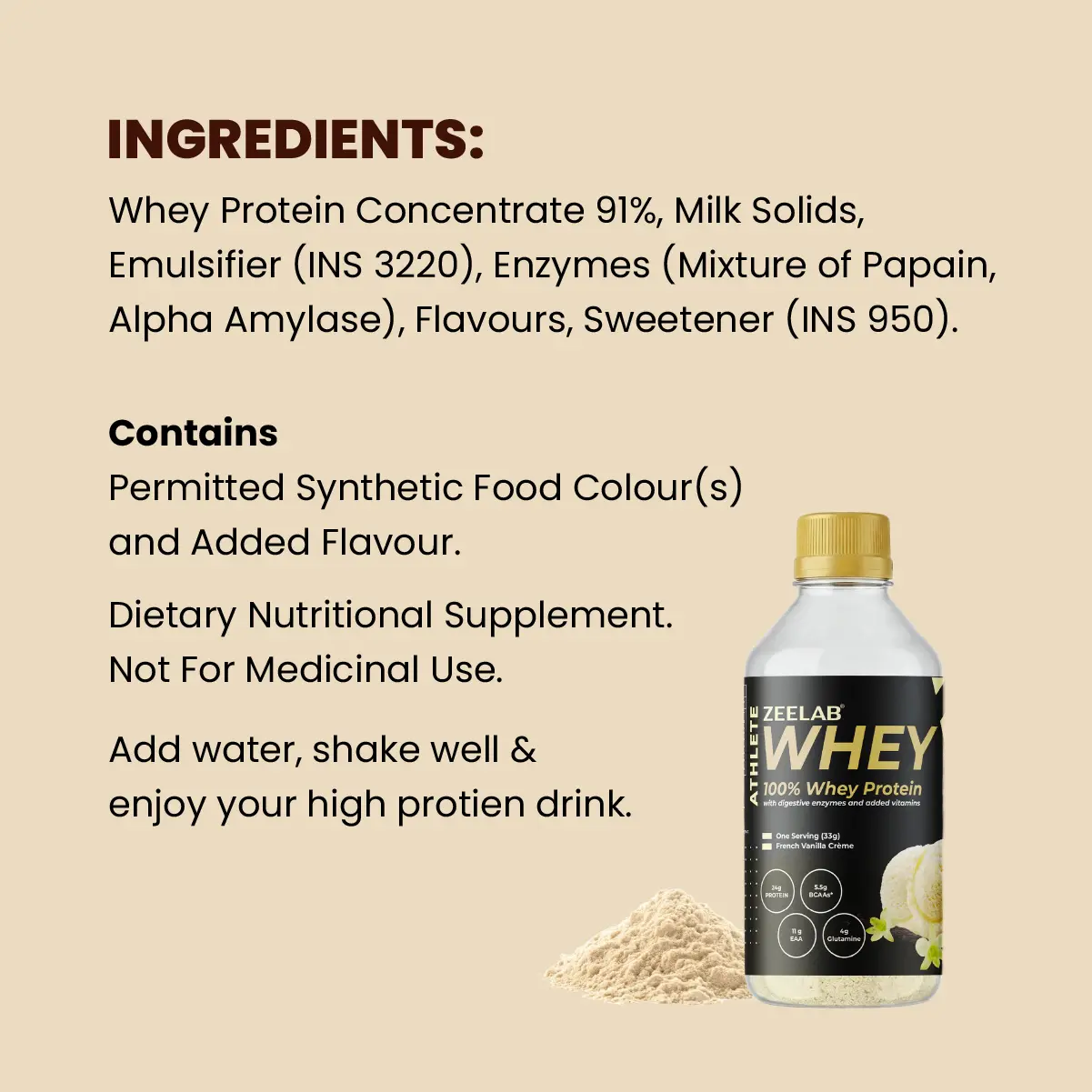 ZEELAB Athlete Whey 100% Powder 33gm - French Vanilla Creme