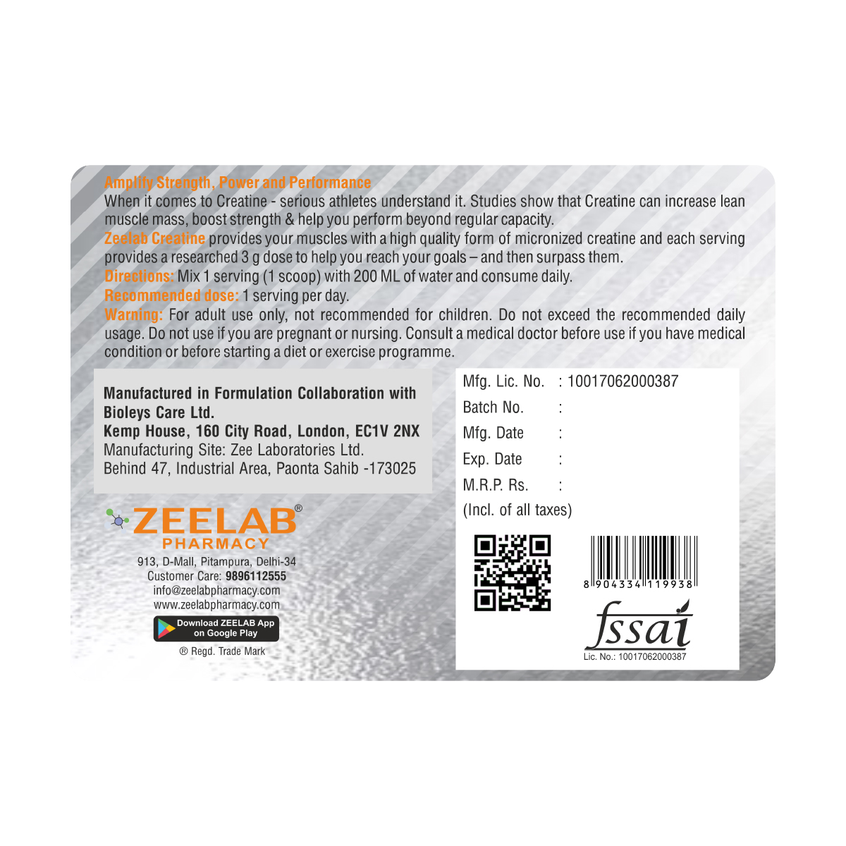 Zeelab 100% Creatine Monohydrate Powder