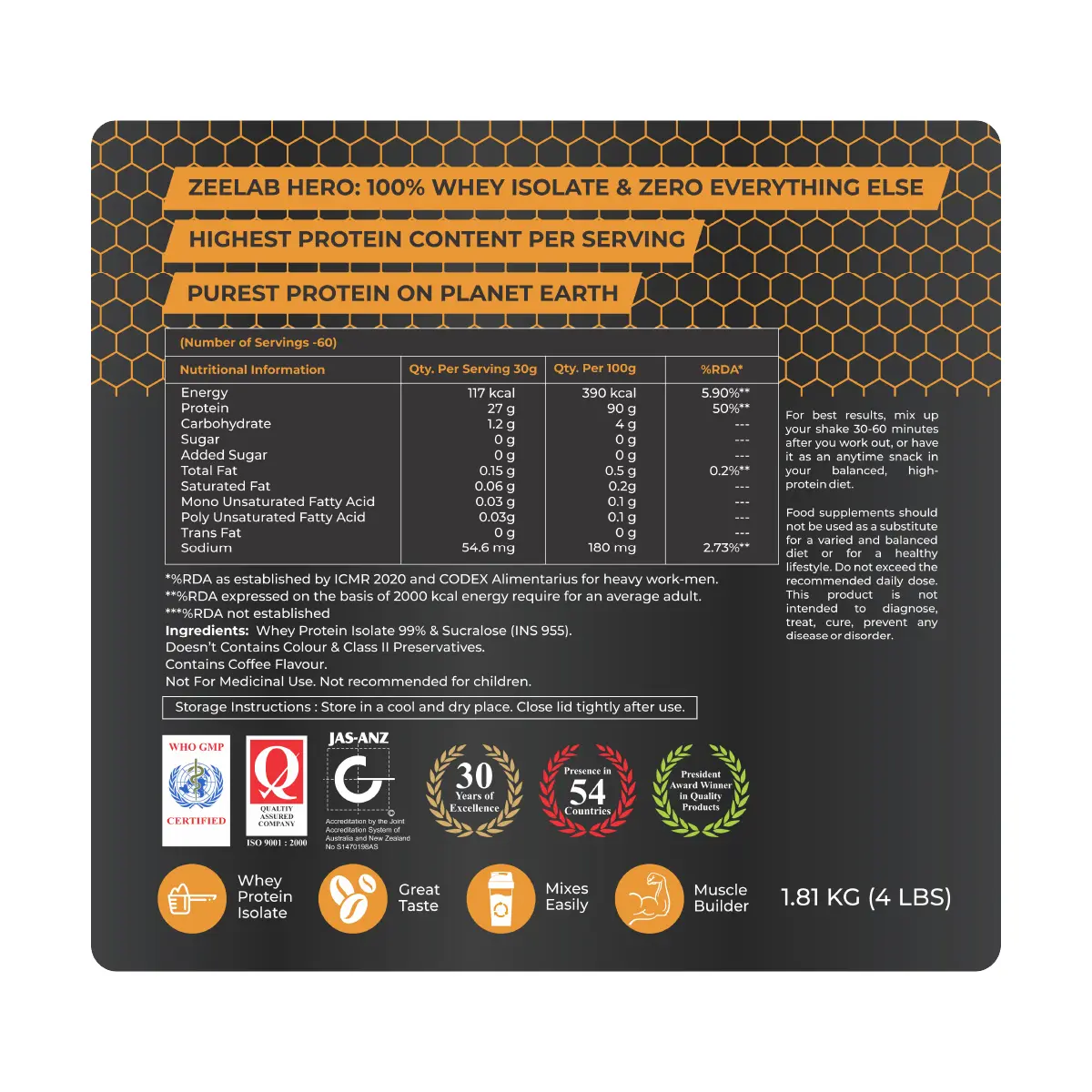 ZEELAB HERO 100% Whey Protein Isolate - Cafe Mocha