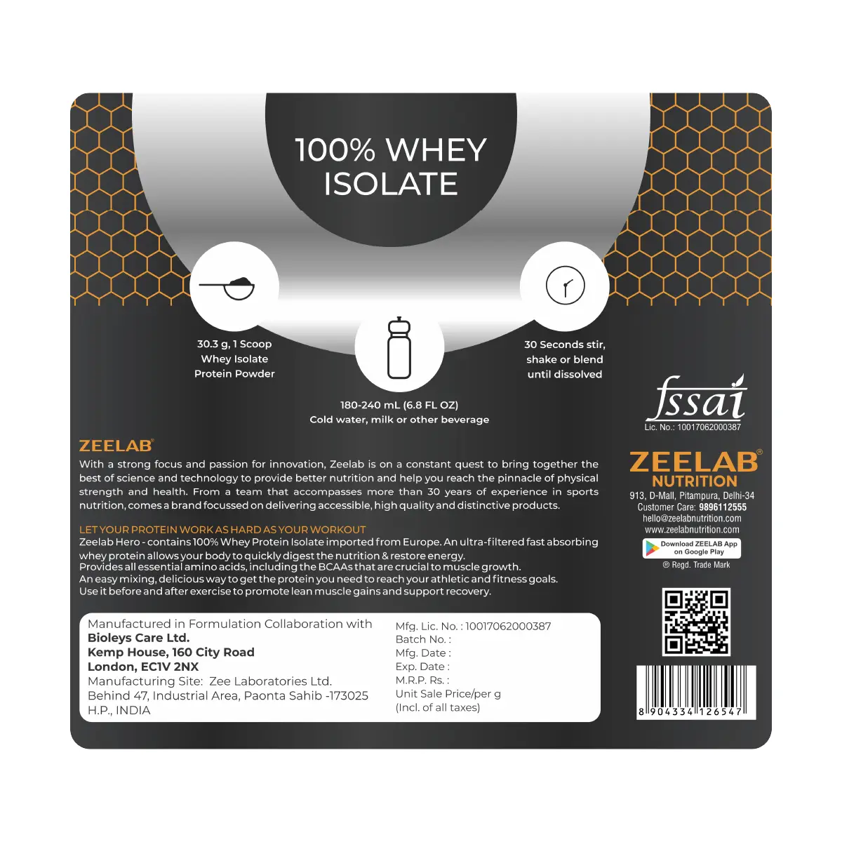 ZEELAB HERO 100% Whey Protein Isolate - Cafe Mocha