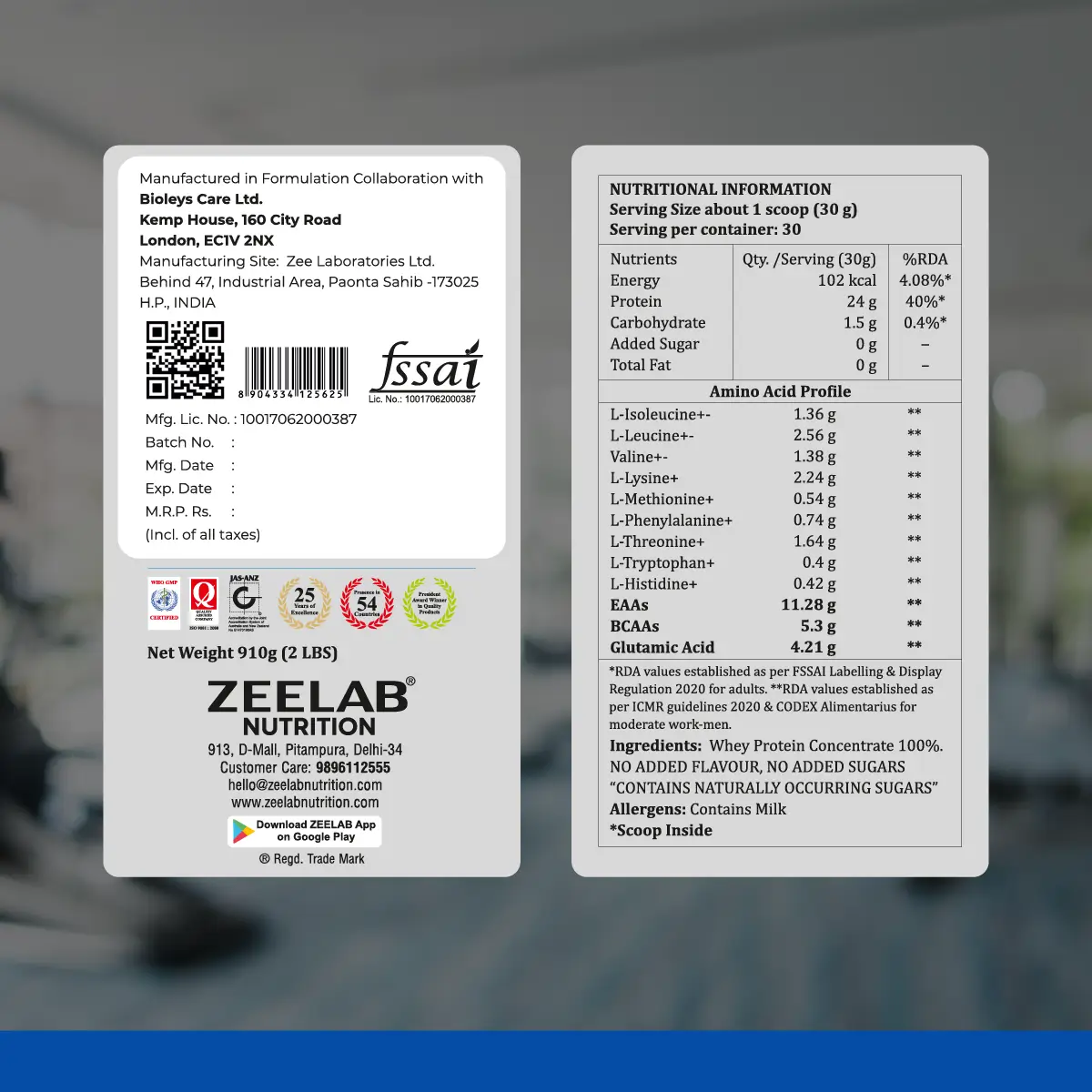 Zeelab Raw and Pure Whey Protein Concentrate 100% | 2lbs (910g) with 30 Servings