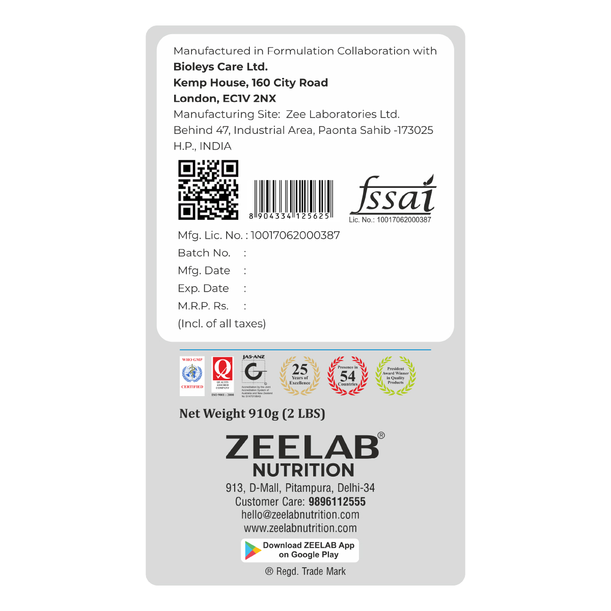 Zeelab Raw and Pure Whey Protein Concentrate