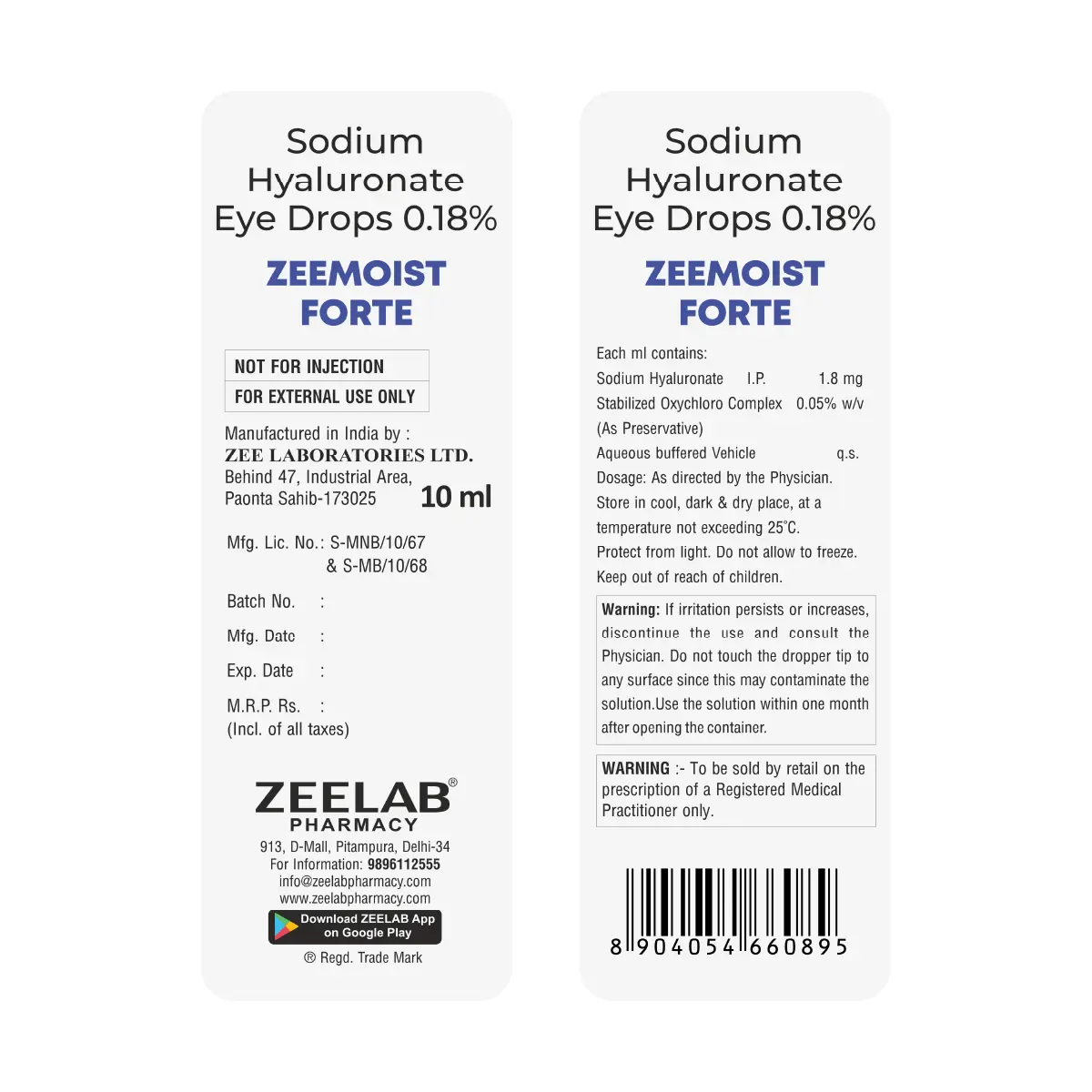 zeemoist forte eye drops | sodium hyaluronate 0.1% eye drops