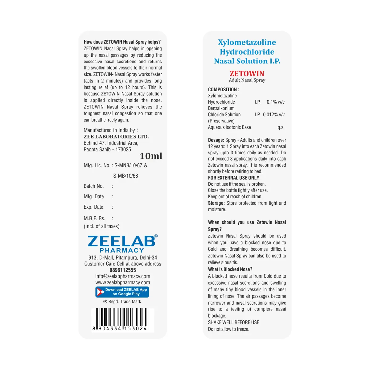 Zetowin Xylometazoline 0.1% Nasal Drop